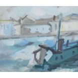 A framed and glazed acrylic on board, expressionist style canal barge, indistinctly signed. H.37 W.