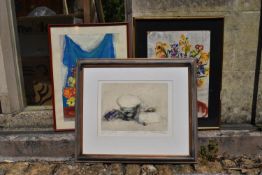 A still life etching, indistinctly signed and two still life watercolours of flowers, signed. H.50