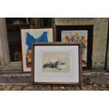 A still life etching, indistinctly signed and two still life watercolours of flowers, signed. H.50