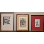 A signed engraving along with two framed prints; coat of arms and a medieval musician. H.31 W.22cm