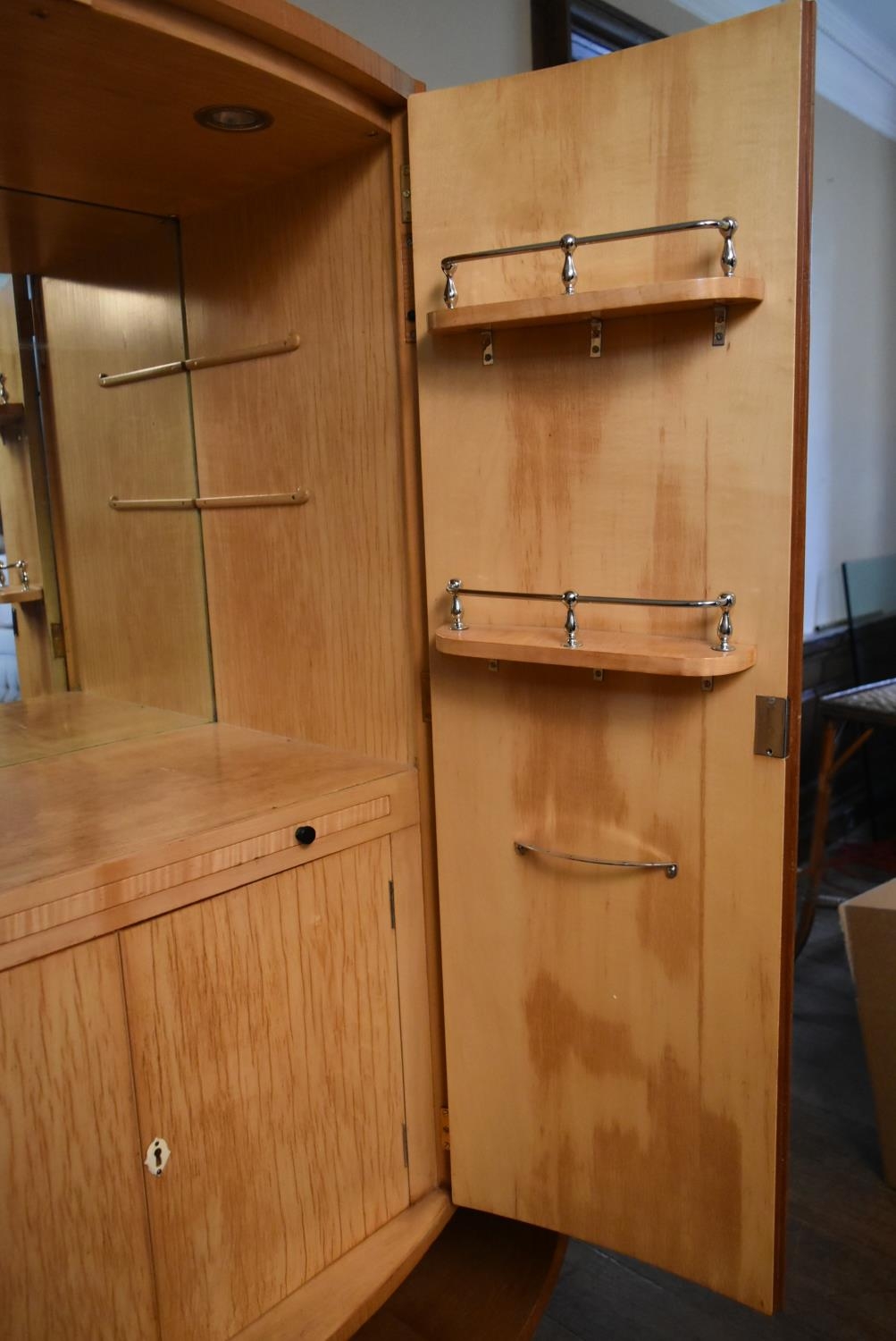 An Art Deco burr walnut cocktail cabinet with ribbed central panel doors enclosing glazed and lit - Image 14 of 23