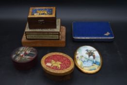 A Damascus inlaid box and a carved box along with a cased set of fruit knives, other boxes etc. H.