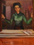 A framed oil on board, a lady at an open window, signed Cuneo and dated '49. H.57 W.48cm