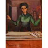A framed oil on board, a lady at an open window, signed Cuneo and dated '49. H.57 W.48cm