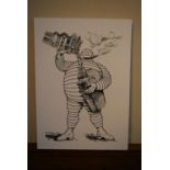 A print on canvas of the Michelin man and the Bibendum building. H.72 W.51cm