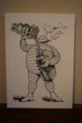 A print on canvas of the Michelin man and the Bibendum building. H.72 W.51cm