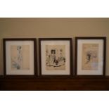 A collection of three French ink and watercolour cartoon sketches, each signed and inscribed in