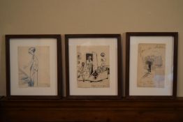 A collection of three French ink and watercolour cartoon sketches, each signed and inscribed in