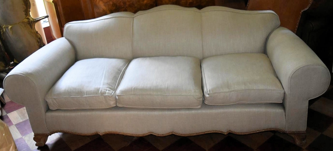 A three seater sofa with shaped back and apron upholstered in piped and studded calico on carved - Image 2 of 7