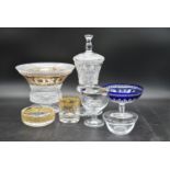 A collection of cut glass and crystal. Including a Bohemian blue cut to clear pedestal bowl, a