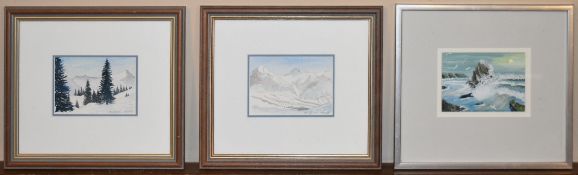 A pair of watercolours, alpine scenes, signed and an acrylic on paper, seagulls around a rocky