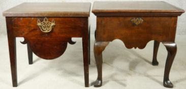 A Georgian mahogany commode stool on cabriole supports and a similar stool on square tapering