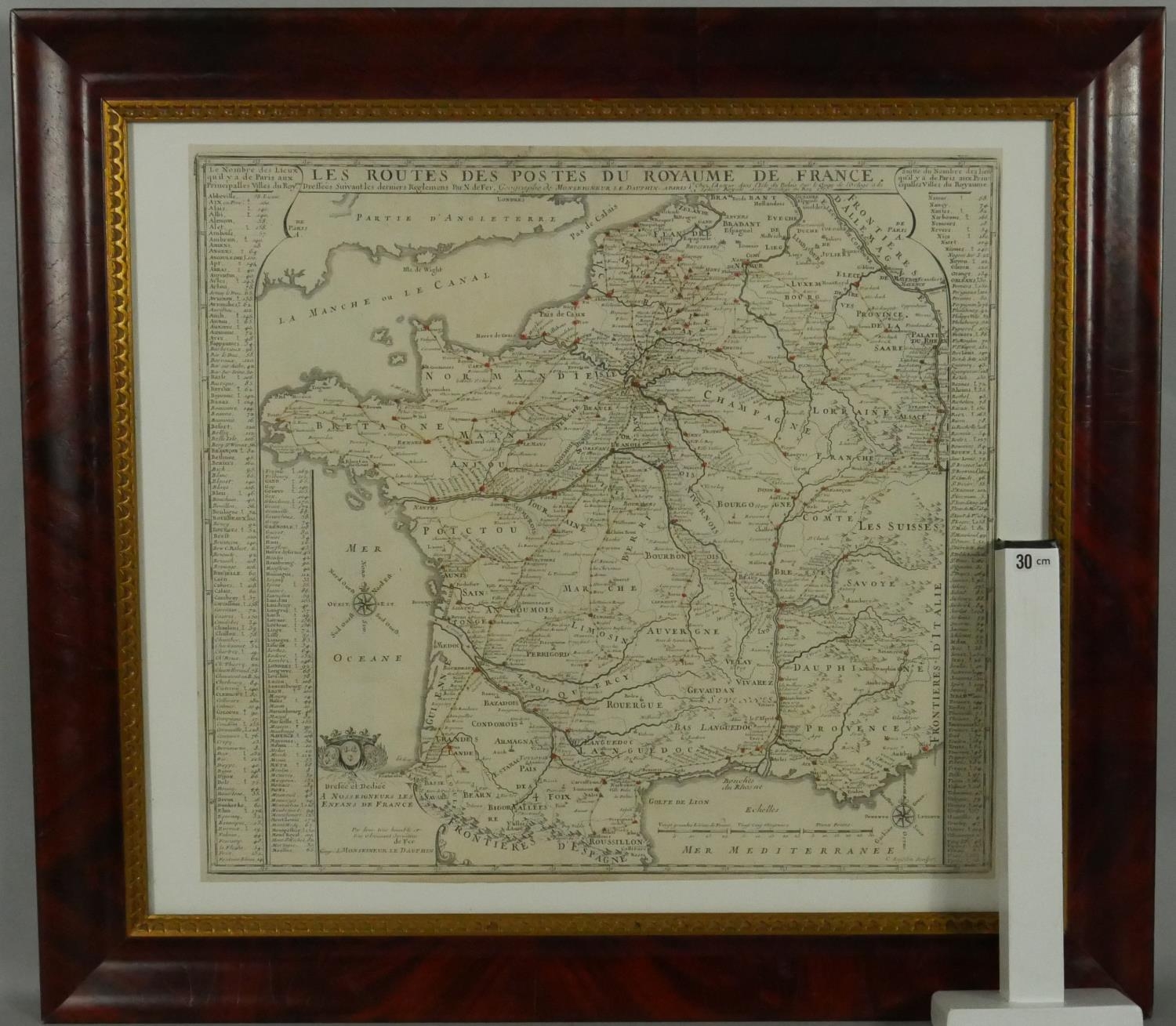 A framed and glazed antique map of 'Les Routes des postes du royaume de France' by Nicolas de Fer. - Image 5 of 5