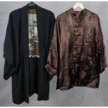 Two oriental jackets. One antique Japanese silk kimono with silk lining painted with an oriental