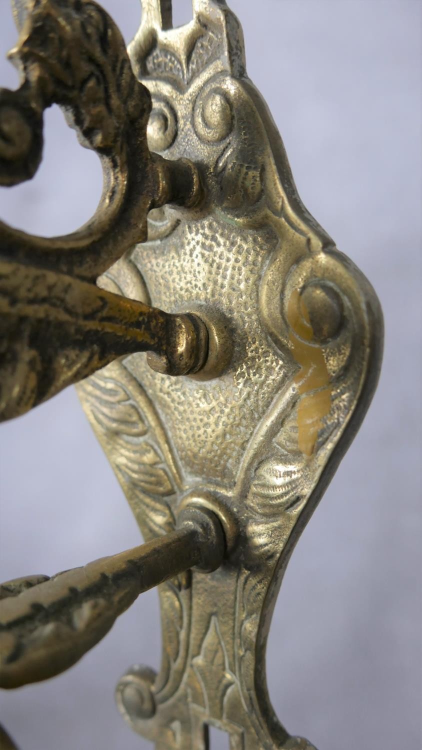 A 20th century French brass gothic style wall mounted bell with relief foliate and figural - Image 4 of 5