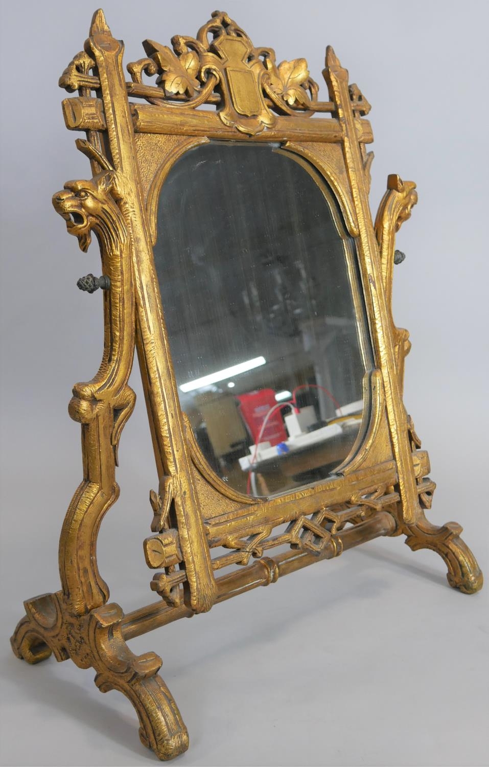 A large late 19th century carved giltwood swing toilet mirror in naturalistic foliate frame with - Image 2 of 4