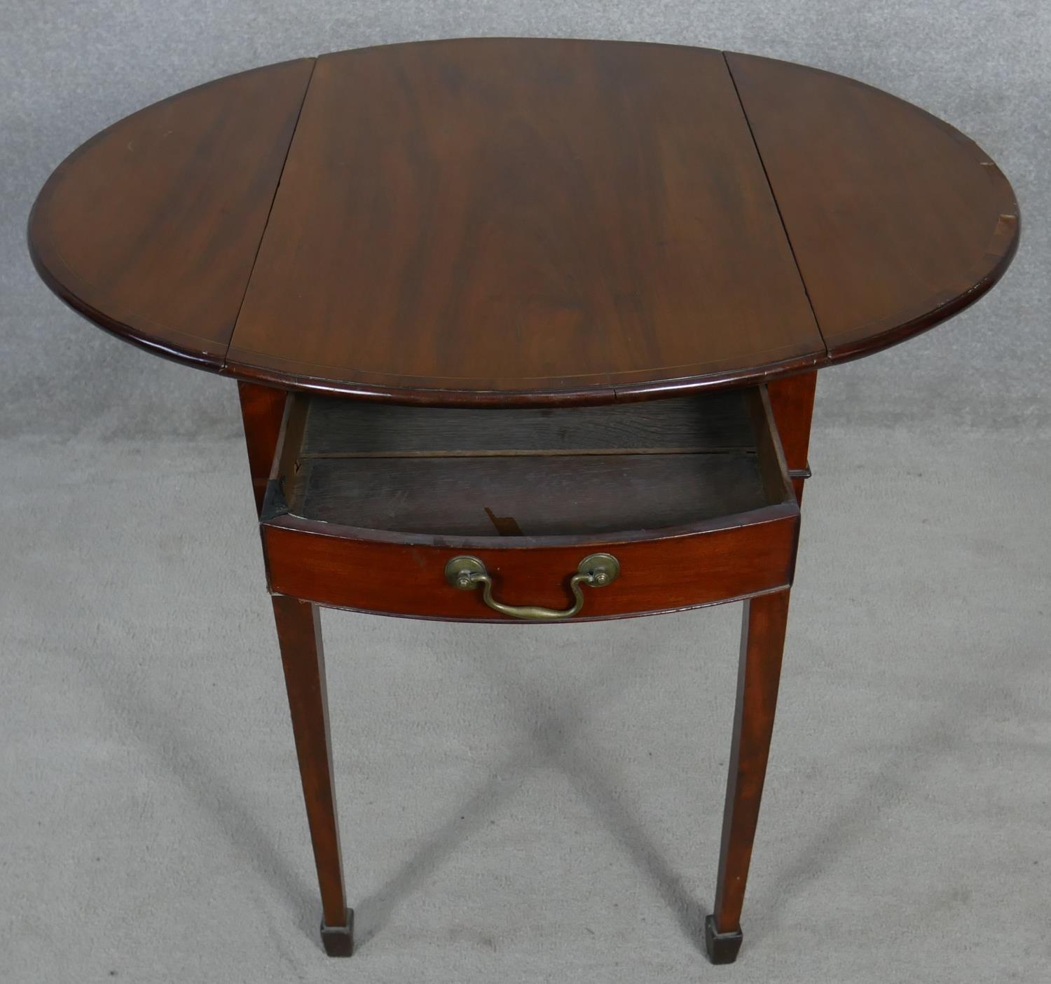 A 19th century mahogany Pembroke table with ebony and satinwood stringing raised on slender square - Image 2 of 6