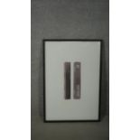 Annette Heyer- A framed and glazed abstract photo print. Titled 'Perpendiculars 3', 1991. Label