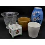 A Limoges hand decorated miniature planter, a Danish floral glazed bulbous vase and other glass