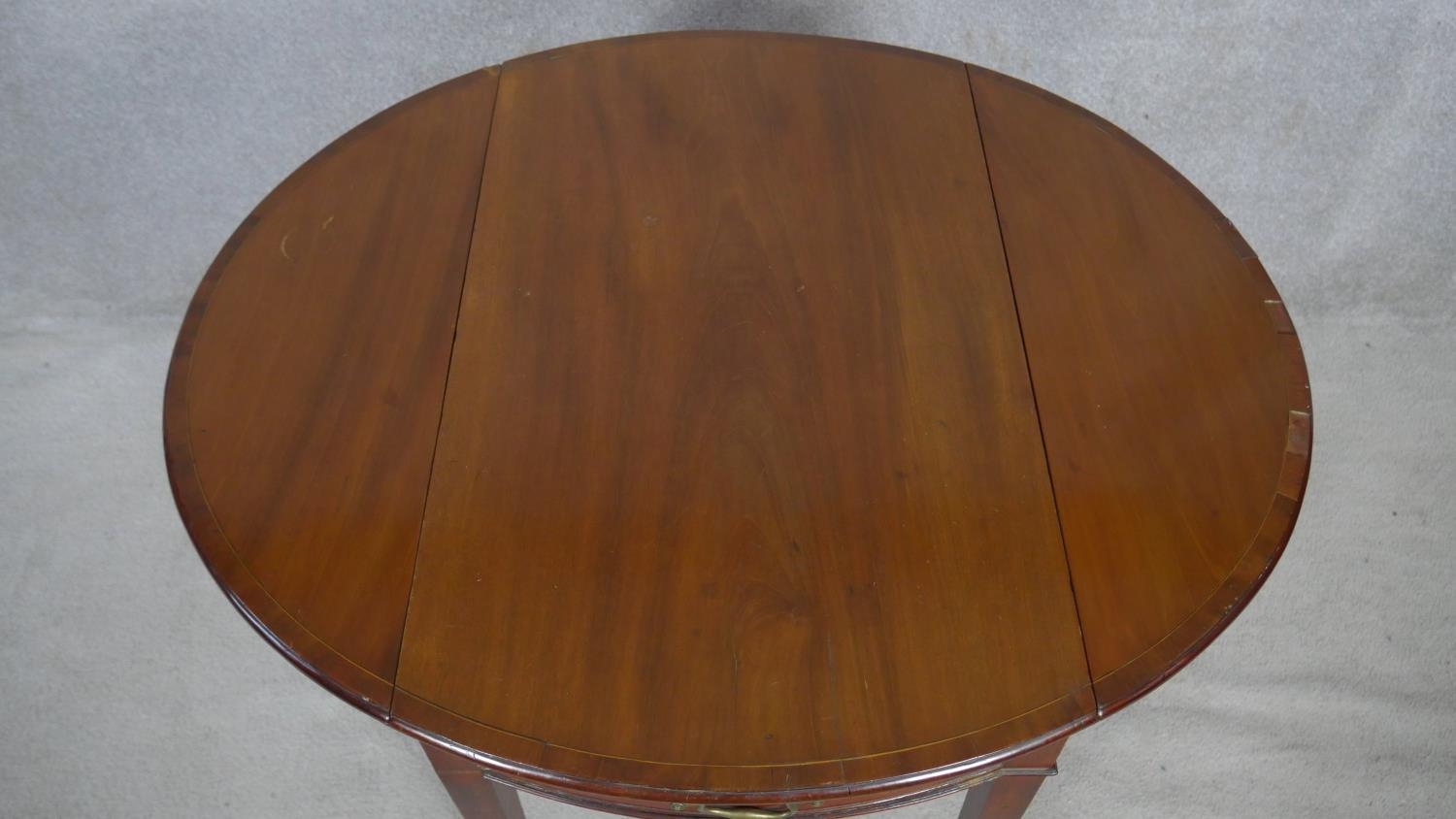 A 19th century mahogany Pembroke table with ebony and satinwood stringing raised on slender square - Image 4 of 6