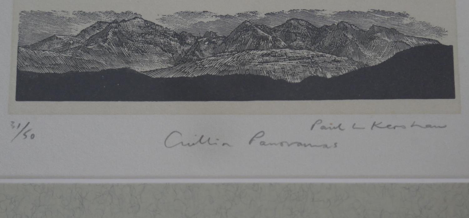 A framed and glazed signed woodcut by Paul L. Kershaw, titled 'Cuillin Panoramas', edition 31/50 H. - Image 4 of 6