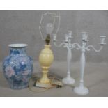 A vintage alabaster table lamp, a pair of painted candelabras and a Chinese style vase. H.53cm (