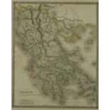 A framed and glazed 19th century hand coloured map of Greece by Sidney Hall. Published by Longman,