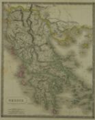 A framed and glazed 19th century hand coloured map of Greece by Sidney Hall. Published by Longman,