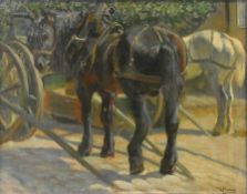 After Anton Mauve (1838-1888), oil on canvas, shire horses in a yard. H.69 W.84cm