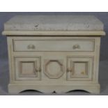 A Continental painted side cabinet with limestone slab top on shaped bracket feet. H.67 W.91 D.61cm