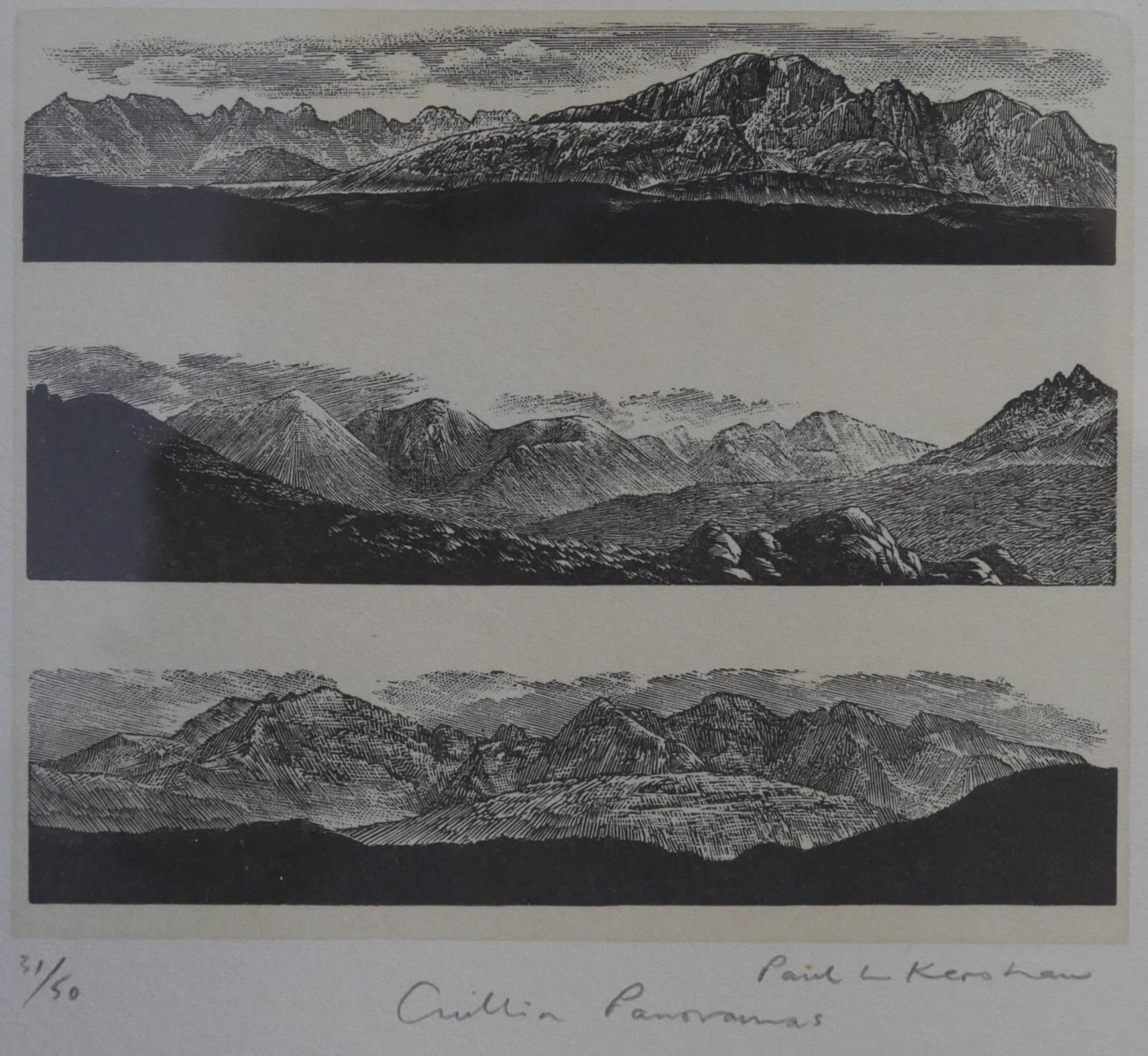 A framed and glazed signed woodcut by Paul L. Kershaw, titled 'Cuillin Panoramas', edition 31/50 H.