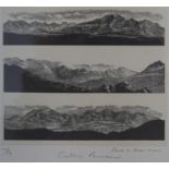 A framed and glazed signed woodcut by Paul L. Kershaw, titled 'Cuillin Panoramas', edition 31/50 H.