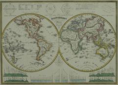 A framed and glazed hand coloured 18th century double hemisphere map of the world, titled