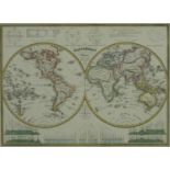 A framed and glazed hand coloured 18th century double hemisphere map of the world, titled