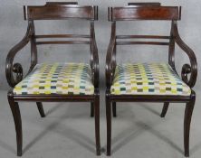 A pair of 19th century mahogany bar back open armchairs with geometric cut moquette drop in seats on