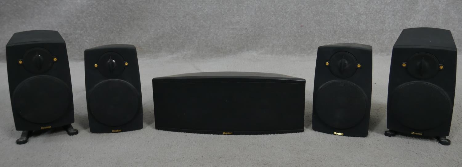 A set of five Boston Acoustics Micro 90x surround sound speakers. H.20cm