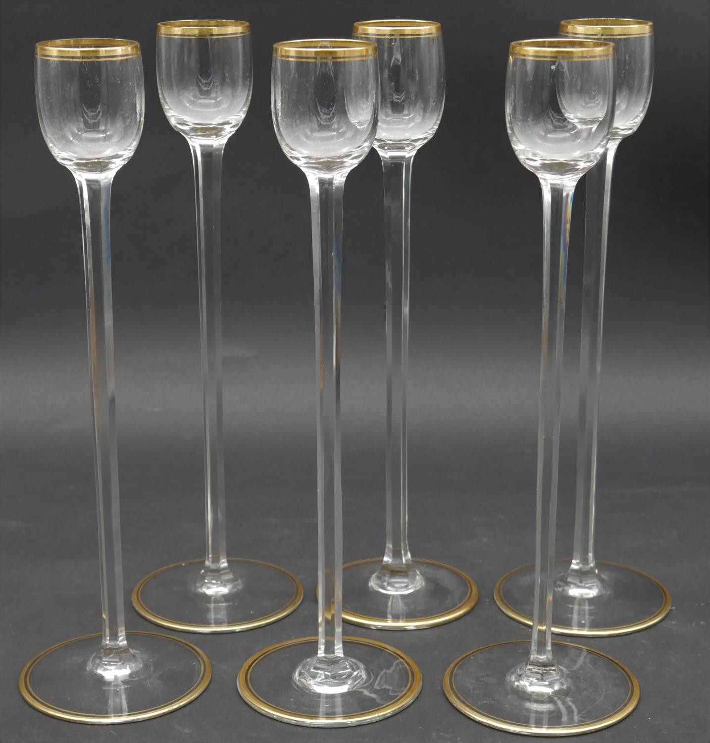 A set of six French gilt crystal tall stemmed liqueur glasses along with an M. Redon Limoges - Image 2 of 5