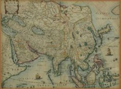 A framed and glazed 17th century hand coloured map of Asiae, Descriptio Nova Impensis Henrici