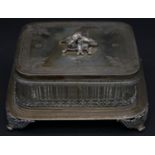 An antique silver plated engraved sardine dish with pressed glass liner. The lid is engraved with