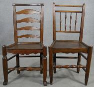 A 19th century oak ladderback hall chair and a similar antique elm hall chair. H.92cm