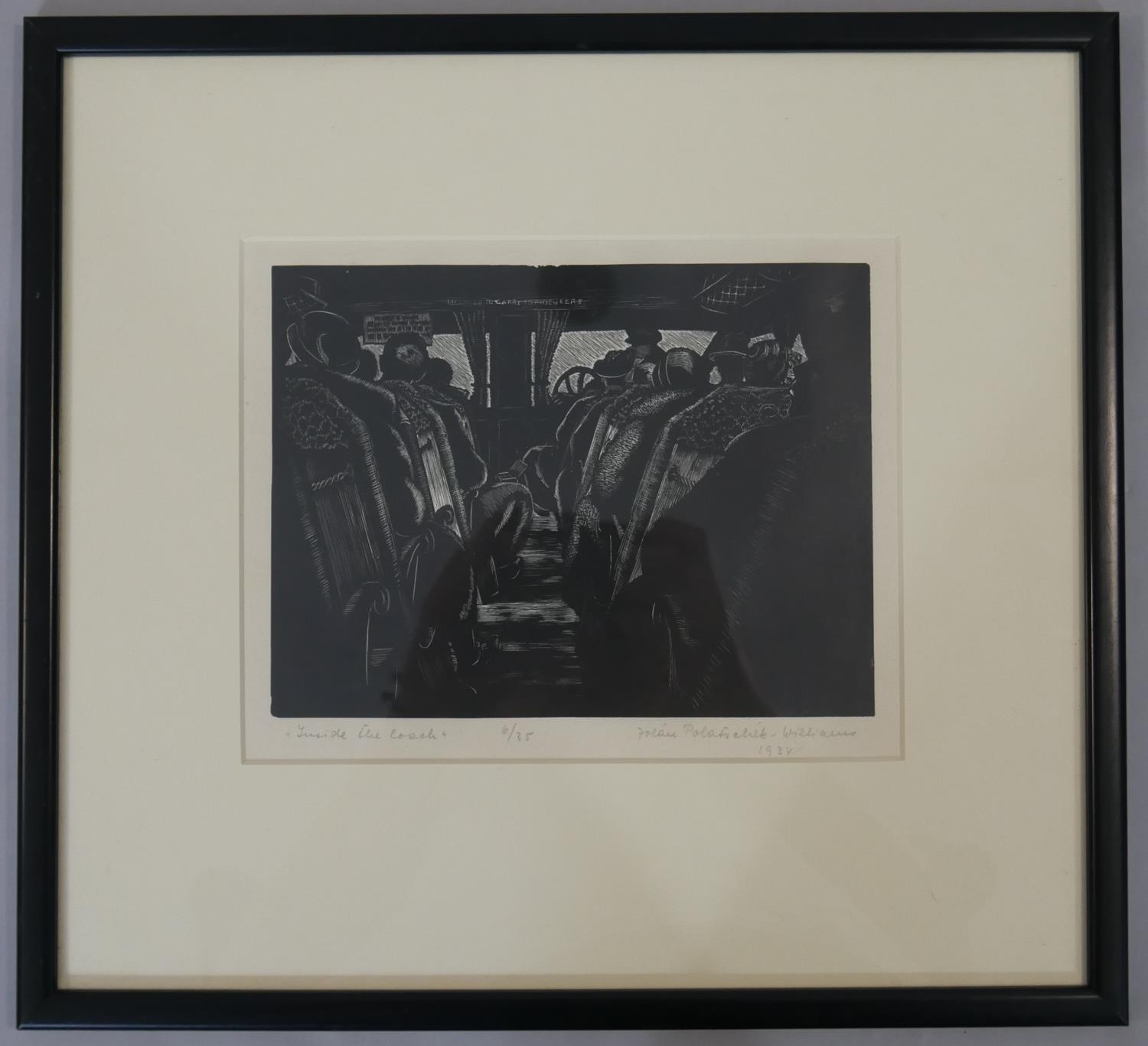 Jolan Williams, A framed and glazed wood cut titled 'Inside the Coach', signed, titled, dated 1934 - Image 2 of 7