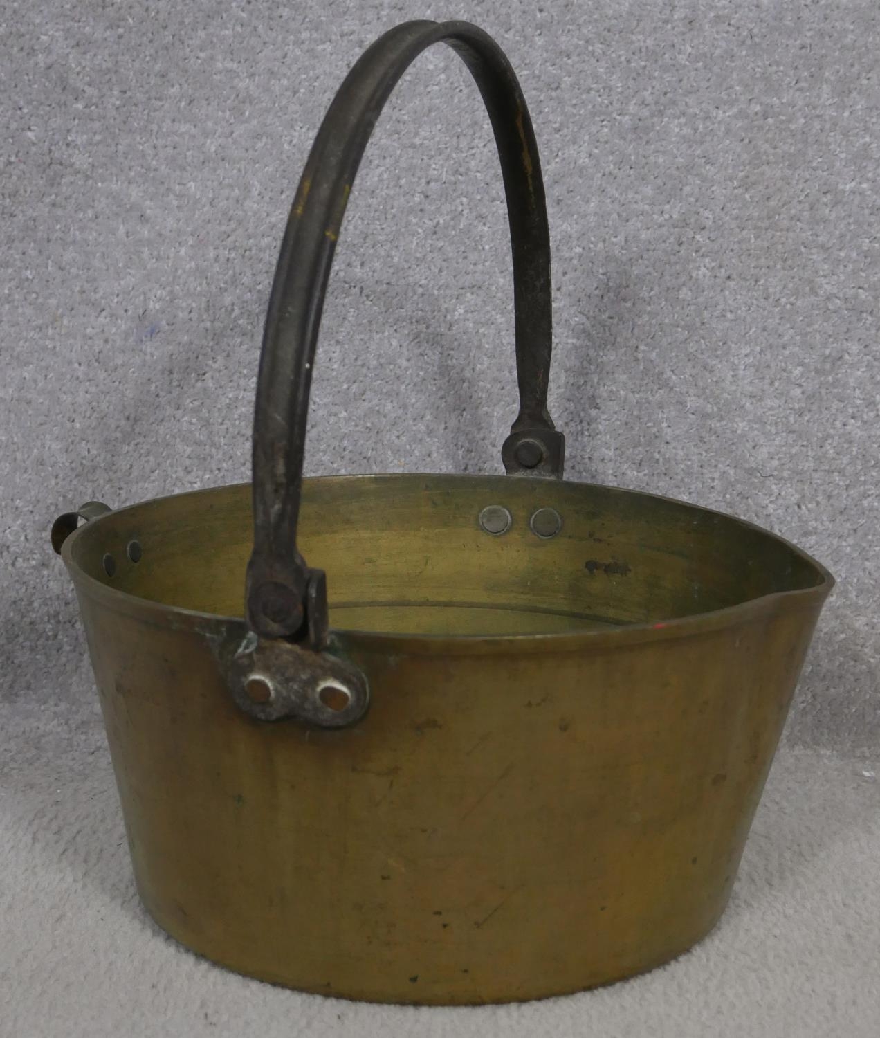 A 19th century brass swing handled jam pan and a miscellaneous collection of copper and brass pans - Image 4 of 7