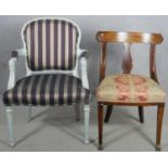 A painted Continental armchair and a 19th century inlaid Continental dining chair on sabre