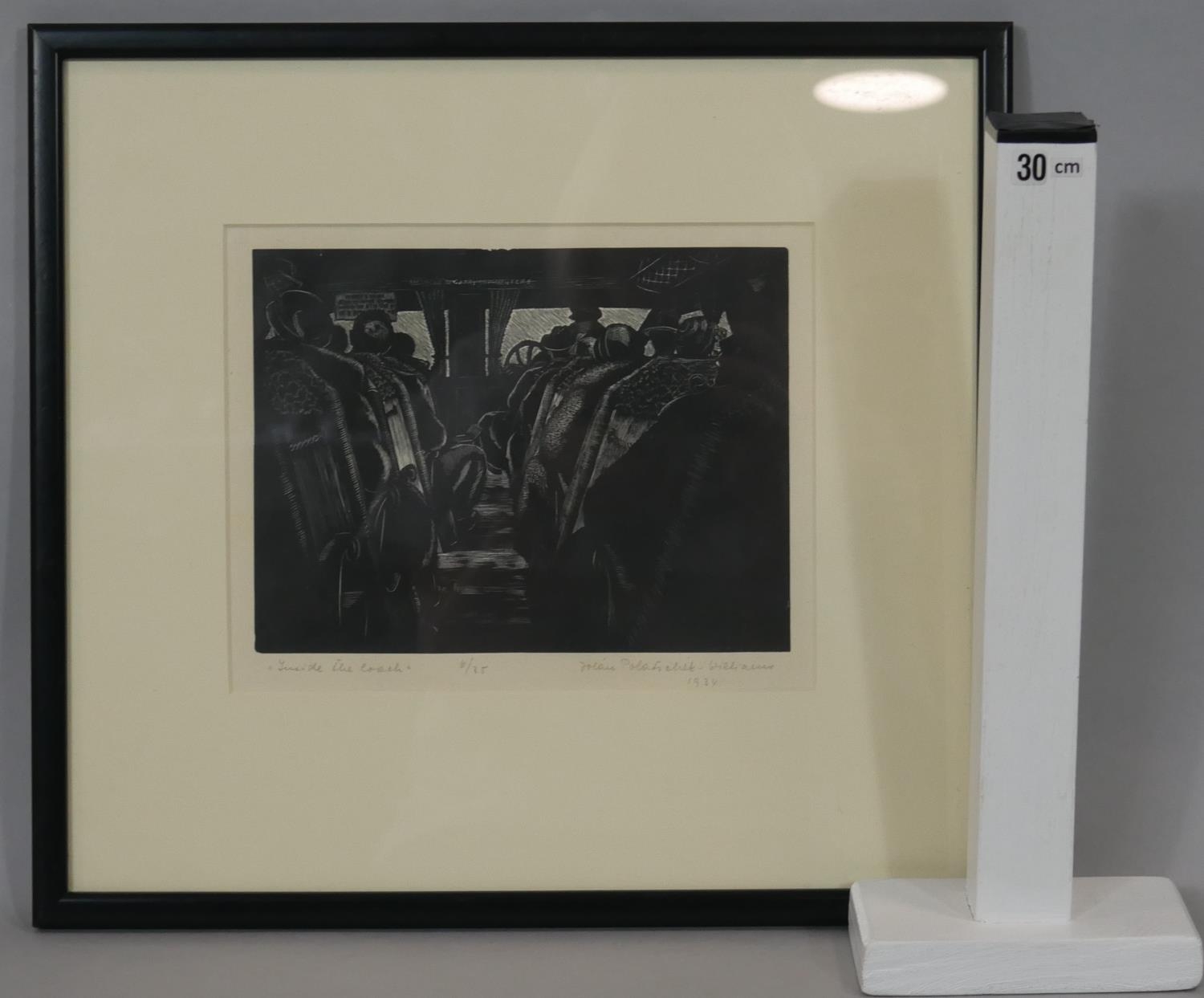 Jolan Williams, A framed and glazed wood cut titled 'Inside the Coach', signed, titled, dated 1934 - Image 7 of 7