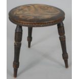 A late 19th century pokerwork stool with dragon decoration. H.32cm