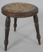 A late 19th century pokerwork stool with dragon decoration. H.32cm