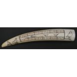 An Early 20th century scrimshaw walrus tusk cribbage board. One side etched with eskimos pulling
