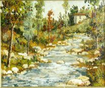 Renzo Paoletti (B.1922), oil on board, house by a mountain stream, signed and framed with artist's