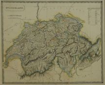 A framed and glazed 19th century map of Switzerland by Sidney Hall. Published by Longman, Rees,