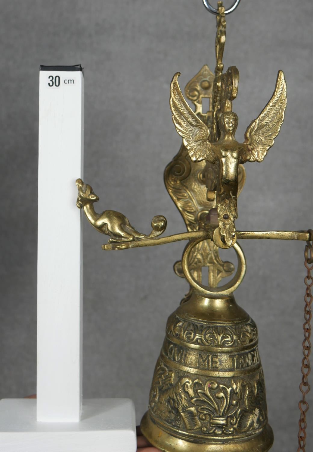 A 20th century French brass gothic style wall mounted bell with relief foliate and figural - Image 5 of 5